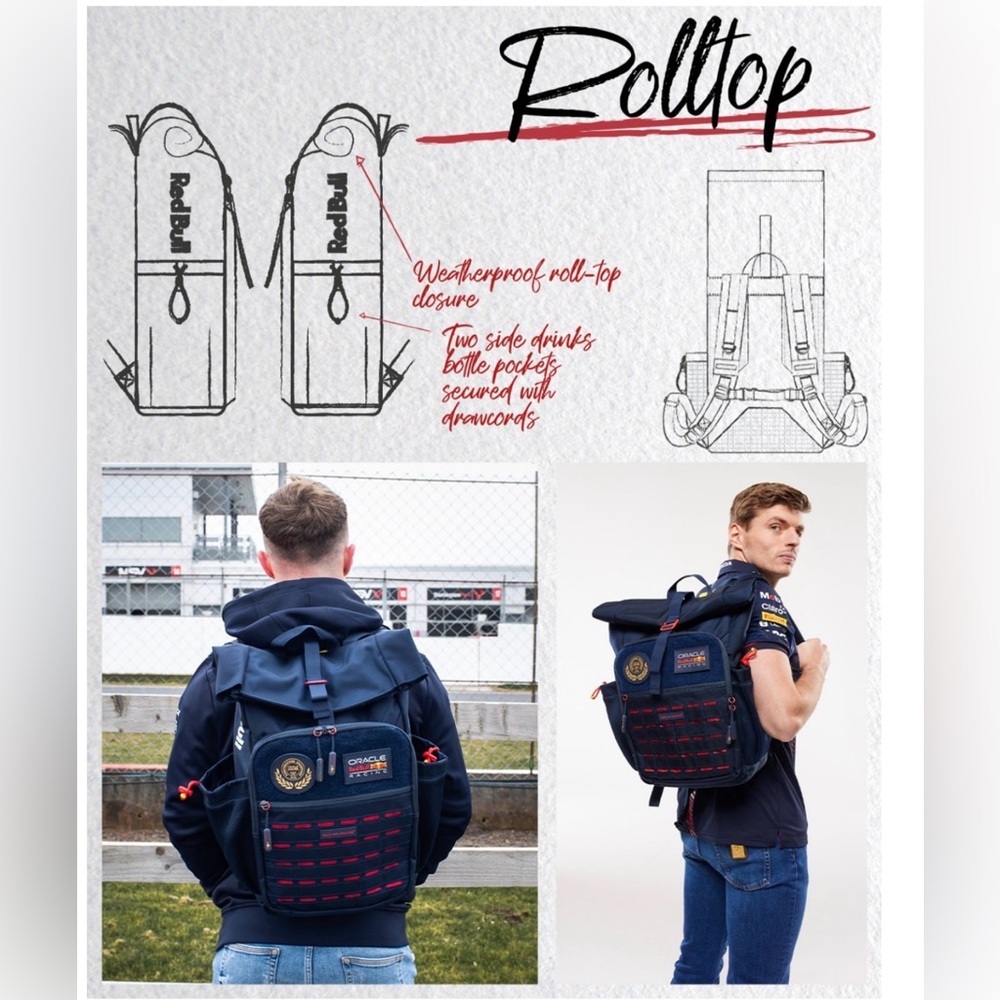 Oracle Red Bull Racing Formula F1 Roll Top Backpack with 3 Removable Patches